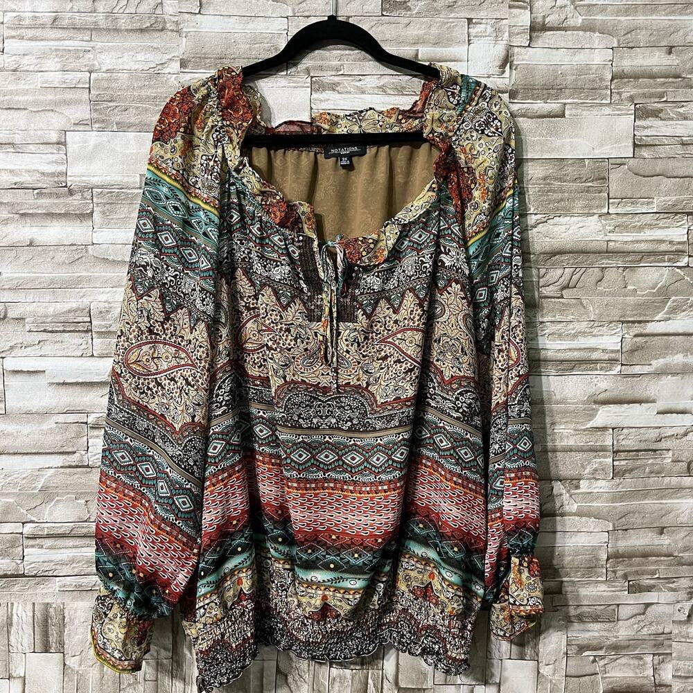 Notations Woman Size 3X Boho Geometric Chiffon V-Neck Long Sleeve Pullover Top